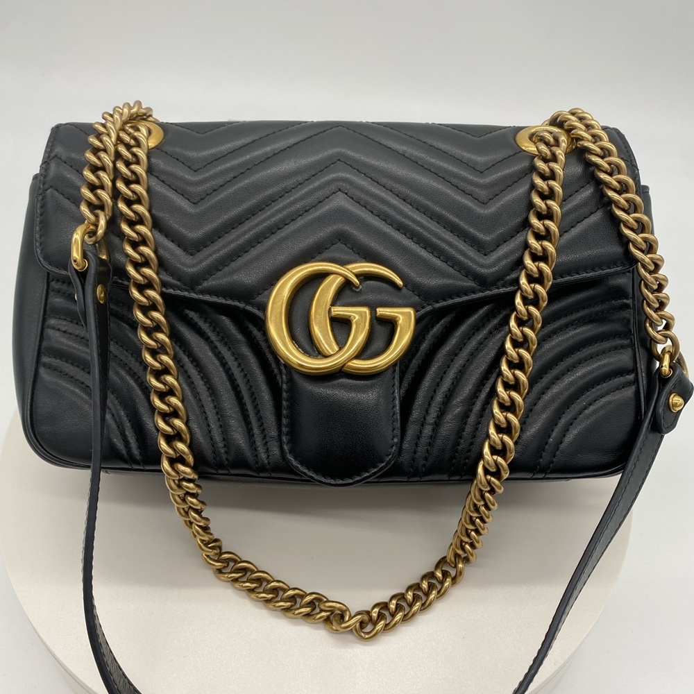 Black Quilted Leather Bag with Gold Chain